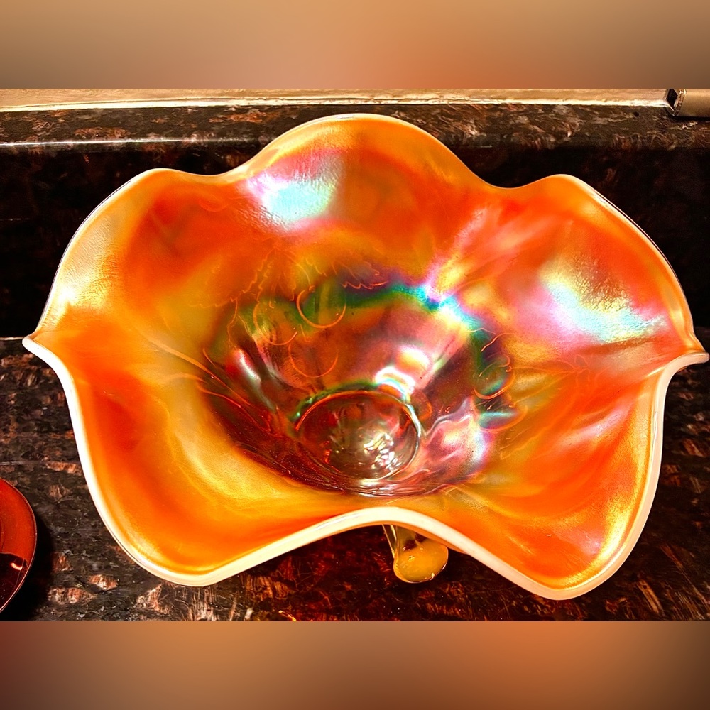 Antique Dugan "Cherries" pattern bowl, peach opalescent carnival glass, perfect!